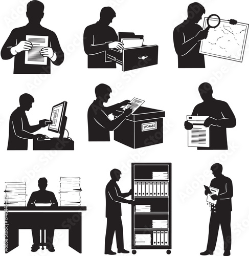 Set of 9 office worker silhouettes vector