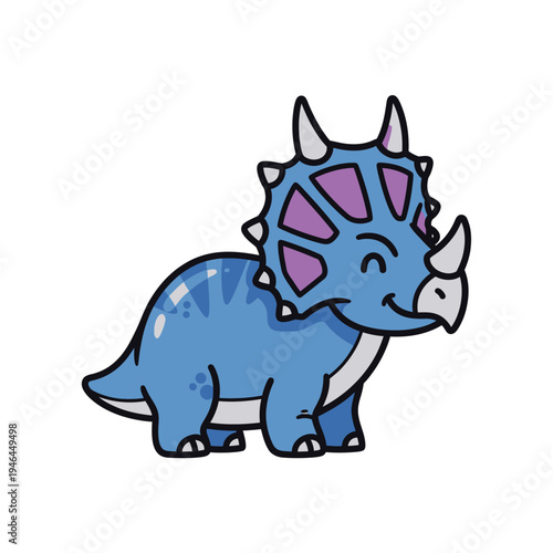 Adorable cartoon blue triceratops dinosaur with purple frill and horns, smiling happily, depicted in a charming, simplified, and cute artistic style on a clean white background.