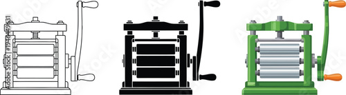 Set of manual pasta maker machines featuring outline silhouette and colored vector illustrations perfect for culinary and kitchen design projects