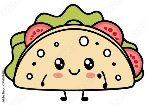 Kawaii taco character smiling with big eyes and rosy cheeks a fun food illustration