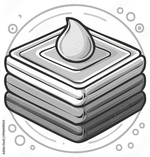 Stack of folded cloths with a drop of liquid on top and surrounding circles representing bubbles or suds