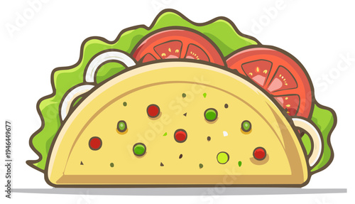 Delicious cartoon taco with fresh vegetables and fillings illustration