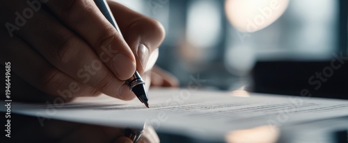 The Pen Signing a Legal Contract on a Desk with Blurred Background
