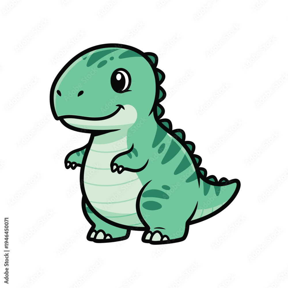 Fototapeta premium Adorable, cheerful cartoon green Tyrannosaurus Rex dinosaur with stripes, standing and smiling, in a simple, flat graphic style for children's themes.