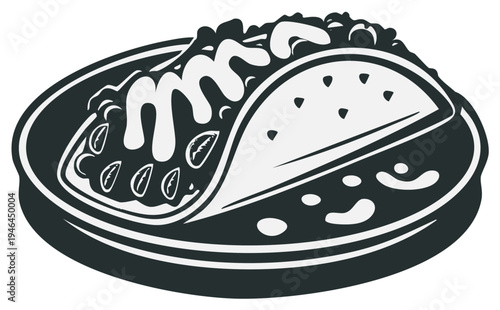 Savory filled taco on a plate with drizzles of sauce in black and white illustration