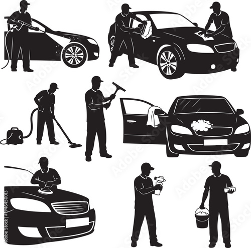 Set of black silhouette illustrations showing people washing and detailing a car, including vacuuming, polishing, cleaning wheels, and carrying supplies. 