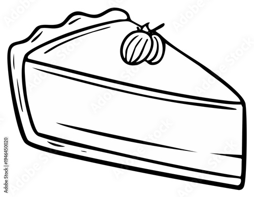 Delicious pie slice drawing with berry topping for coloring books, recipe illustrations, or food related projects. Simple and appealing design.
