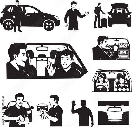 Set of 9 black car and driver vector icons