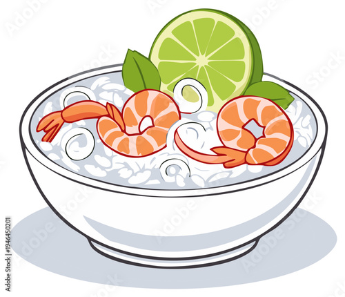 Delicious shrimp bowl served with fragrant rice and fresh lime slices garnish tempting dish
