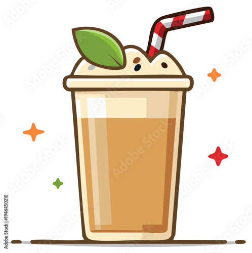 A sweet drink in a plastic cup with a straw, fresh green leaf garnish, and colorful stars on an isolated background