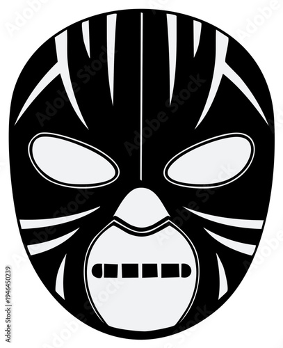 Abstract illustration of a tribal mask design with a strong graphic aesthetic.