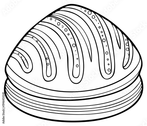 Black and white line drawing of a ribbed seashell with circles, simple seashell illustration, marine life outline