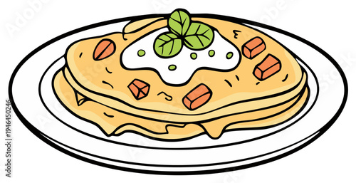 Delicious stack of Mexican enchiladas topped with sour cream and fresh herbs on a white plate