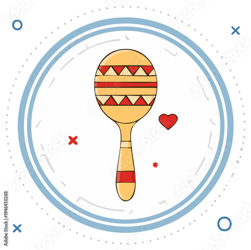 Vibrant cartoon maraca musical instrument with traditional patterns and a cheerful heart design