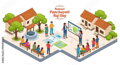 Isometric illustration of people engaging in rural governance and development activities on National Panchayati Raj Day in a village setting with buildings and trees.
