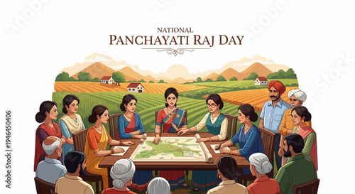 Illustration of people gathered around a table for a meeting on National Panchayati Raj Day with rural landscape background.