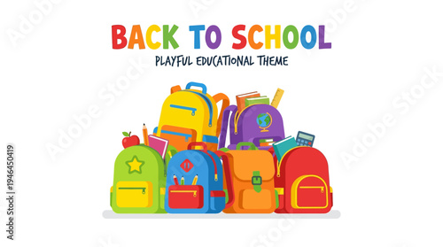 Colorful backpacks and school supplies illustration.