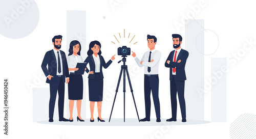 Business Team Posing for Professional Photography with Camera on Tripod