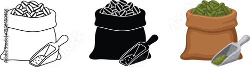 Set of grain sack and scoop illustrations featuring outline silhouette and colored flat vector designs perfect for agriculture food and harvest concepts