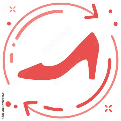 Red high heel shoe icon with circular arrow and dots illustration
