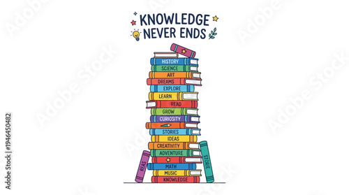 Colorful illustration of stacked books with inspirational quote.