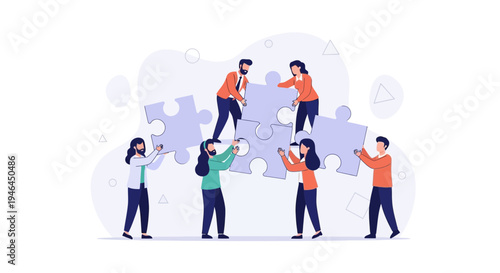 Teamwork and collaboration: people assembling a large jigsaw puzzle, business concept