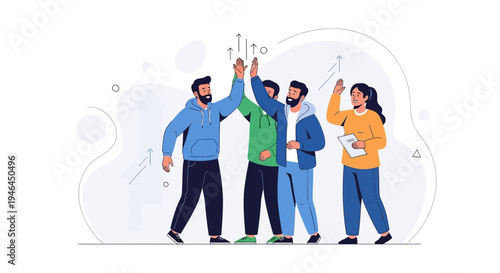 Teamwork success: Diverse group high-fiving with upward arrows symbolizing growth and achievement