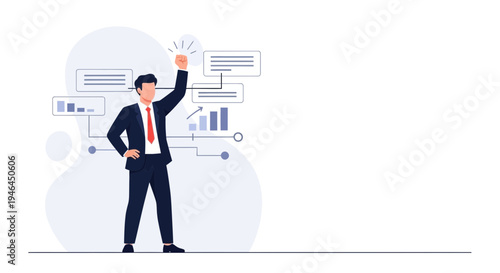 Businessman celebrating success with charts and graphs in background