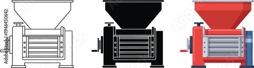 Set of grinder machine illustrations featuring flat design line art and silhouette styles ideal for industrial or food processing concepts