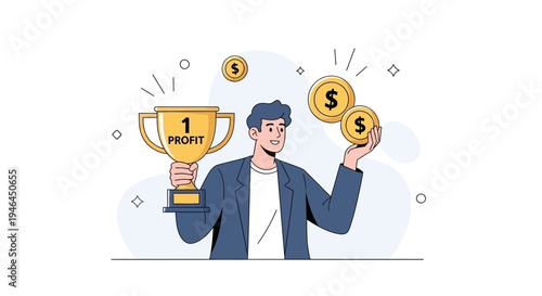 Man holding trophy and coins, symbolizing profit and success in business