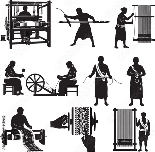 Set of 10 traditional textile and archery silhouette icons vector
