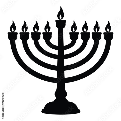 A traditional Jewish menorah with nine lit candles on a white background