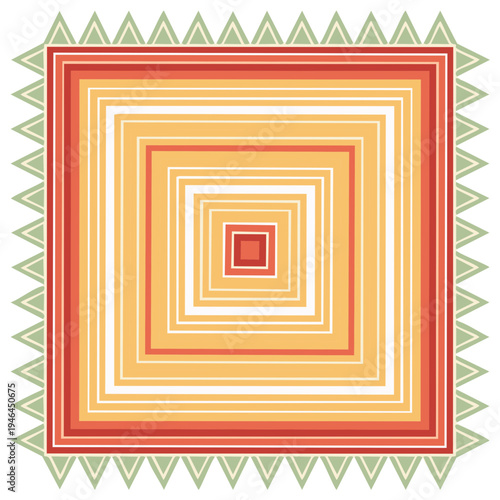 Geometric Square Concentric Pattern with Border of Triangles in Warm Tones Creates a Retro Abstract Decorative Design