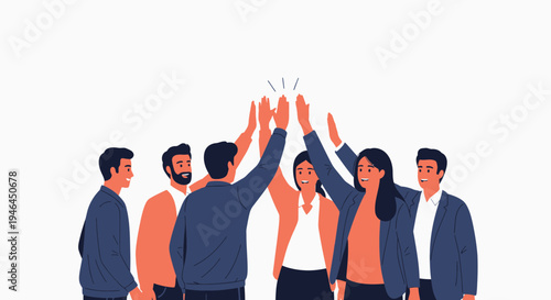 Diverse team celebrating success with high fives, teamwork and achievement concept