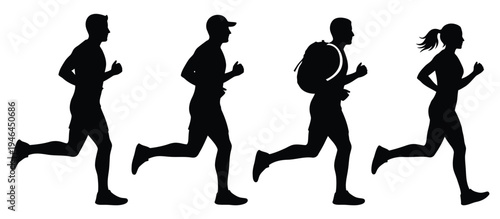 Four silhouetted runners in motion on a white background