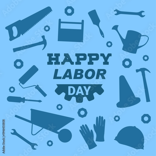 Flat vector illustration of construction and gardening equipment icons for Labor Day