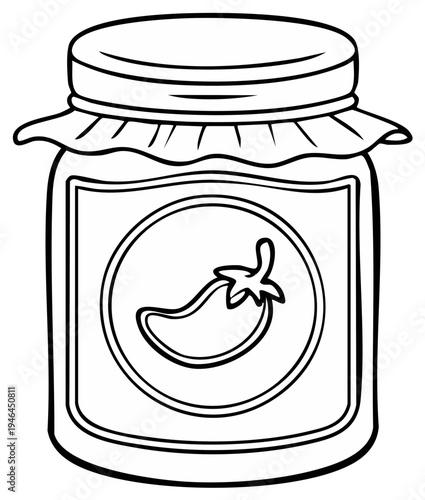 Jar of chili pepper sauce or jam with pepper label isolated, preserved or canned food in line art illustration