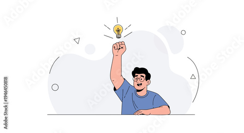 Man with Raised Fist and Light Bulb - Idea, Innovation, Success, Solution