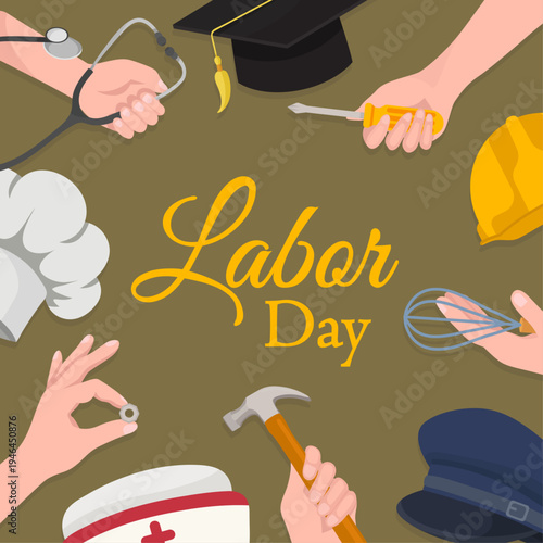 Happy Labor Day banner with worker hands holding professional equipment medical, construction and culinary icons
