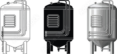 Brewery fermentation tank vector illustrations presented in outline silhouette and realistic styles ideal for industrial design and manufacturing graphics