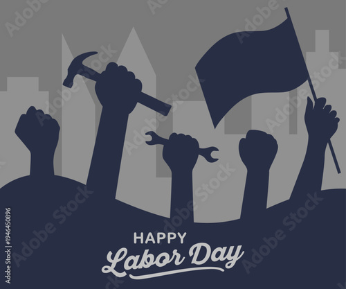 Labor Day celebration with worker hand silhouettes and construction tools on light background