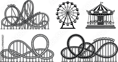 Black silhouette vector illustration of amusement park rides including roller coasters, Ferris wheel, carousel swings, loops, curves, entertainment attraction scene