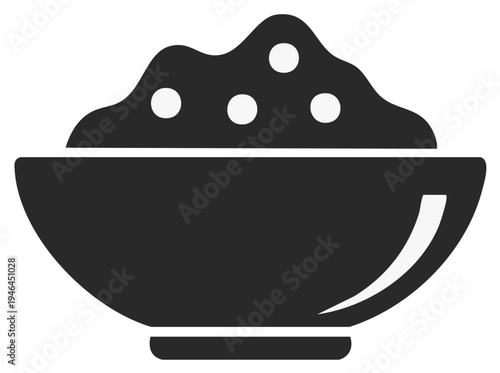 Bowl of Food Icon. Black and White Silhouette. Rice, Mash, Cereal. Round Bowl. Food Illustration.