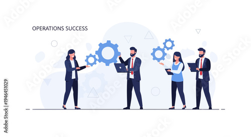 Business Team Collaborating on Operations Success with Gears and Technology