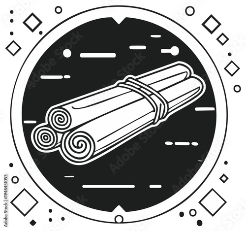 Three Cinnamon Sticks Tied in Circle Frame Black and White Still Life Food Spice