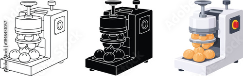 Automatic food processing machine shaping dough into perfect balls depicted in versatile line art solid glyph and full-color vector styles for various design needs