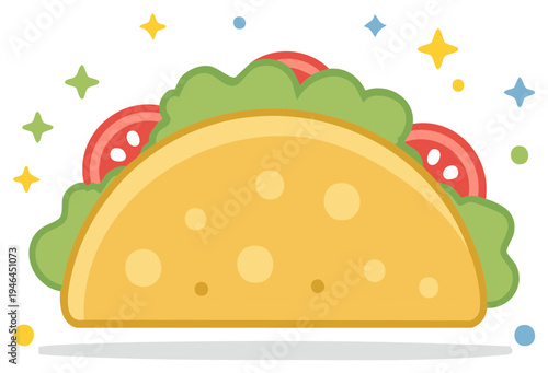 Vibrant vector illustration of a delicious fresh taco with lettuce and tomato, featuring festive sparkles