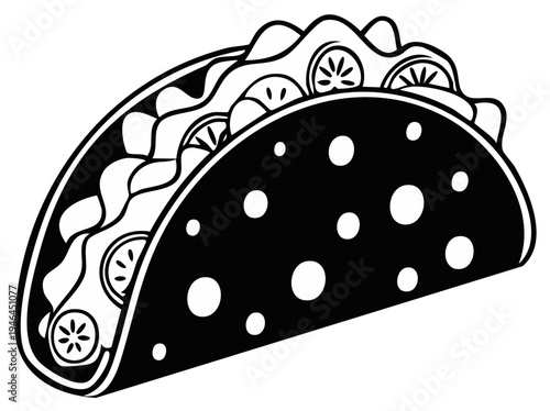 Taco illustration with black and white tortilla filled with tasty looking ingredients.  Black and white food drawing concept
