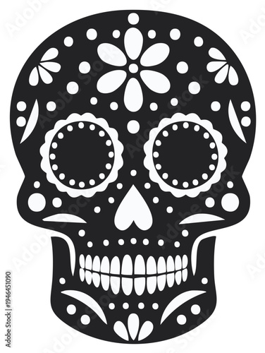 Ornate Black and White Sugar Skull Illustration with Floral and Dot Patterns