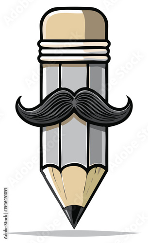 Cartoon pencil character with a stylish mustache and eraser for creative design.